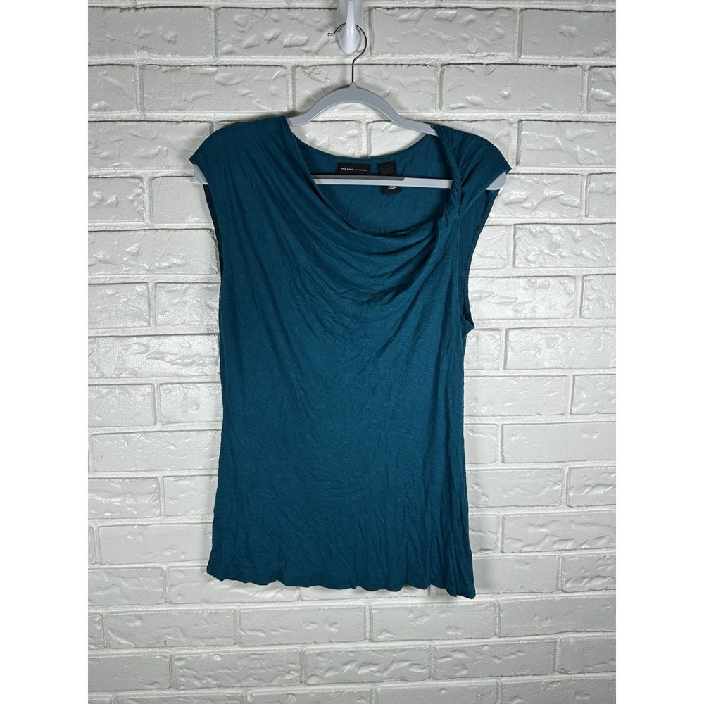 New York & Company XL Teal‎ Draped Cowl Neck Top Y2K Stretch Cap Sleeve